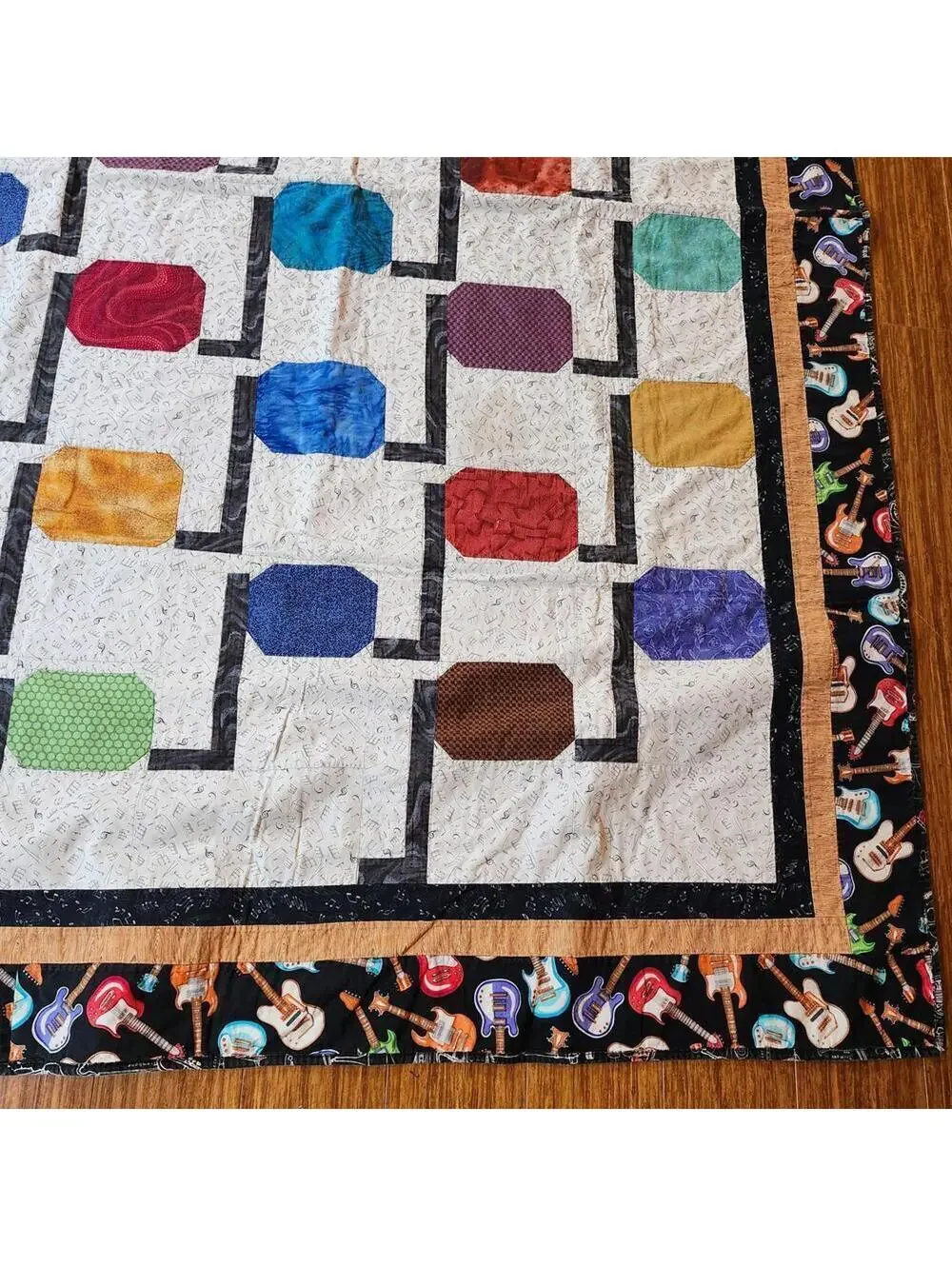 Colorful Handmade Quilt with Musical Guitar Border 60 x 86 Inch